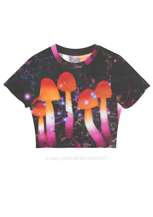 Lesbian Glowing Mushroom Pride Y2K Mesh Crop Top Cherrykitten