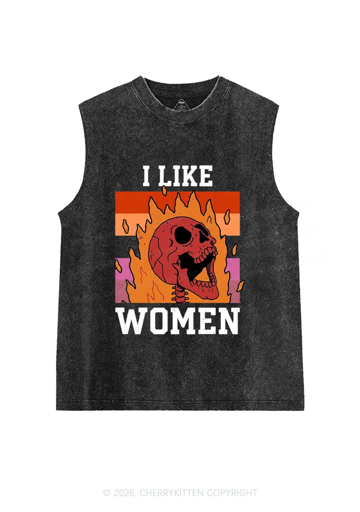 I Like Women Skull Pride Y2K Washed Muscle Tank Cherrykitten