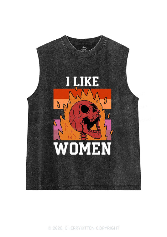 I Like Women Skull Pride Y2K Washed Muscle Tank Cherrykitten