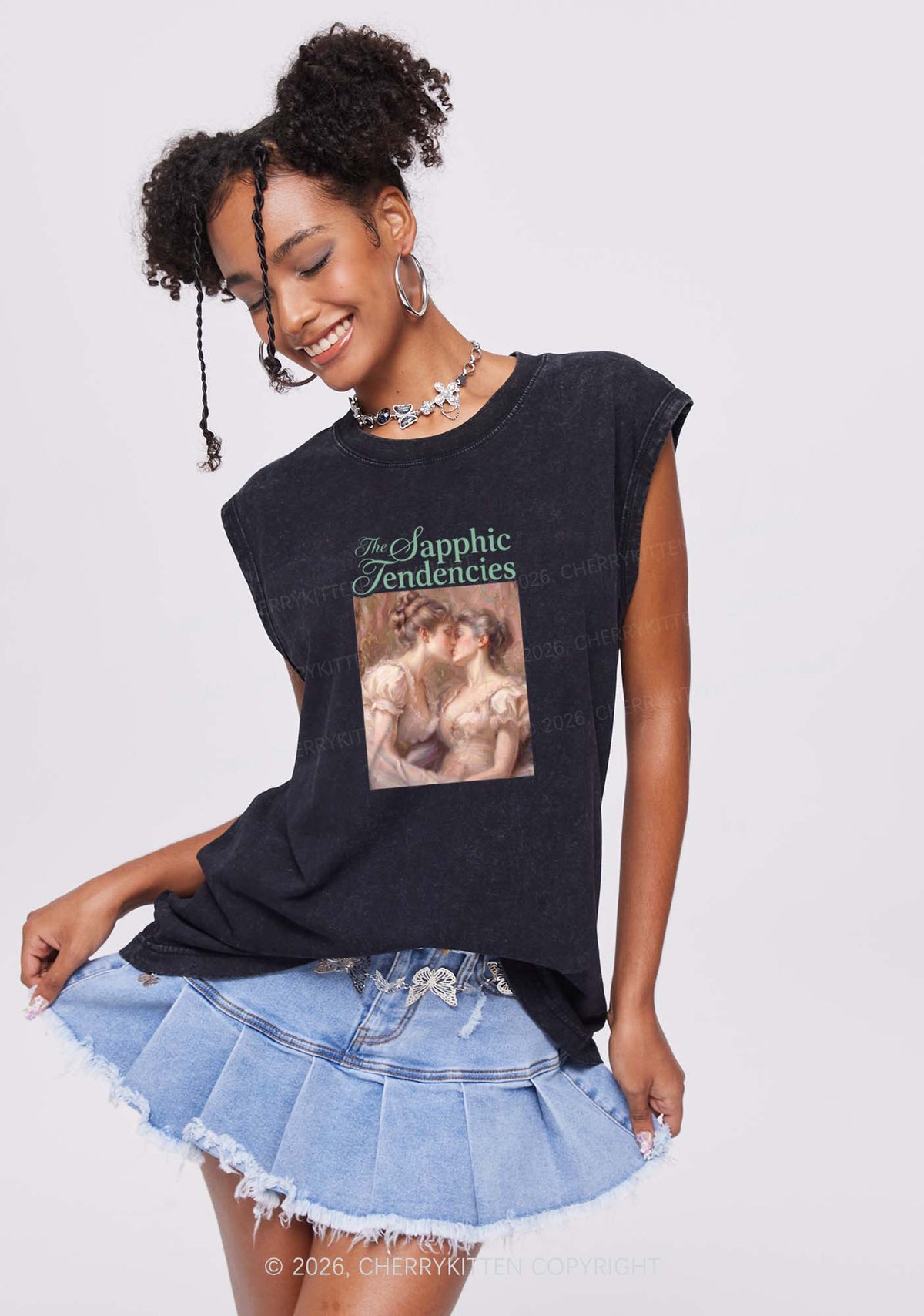 The Sapphic Tendencies Kiss Pride Y2K Washed Muscle Tank Cherrykitten
