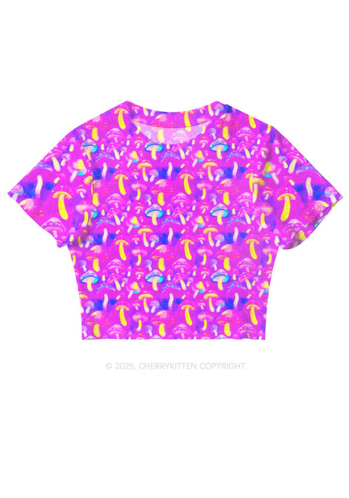 Trippy Mushrooms Y2K Mesh Crop Top Cherrykitten