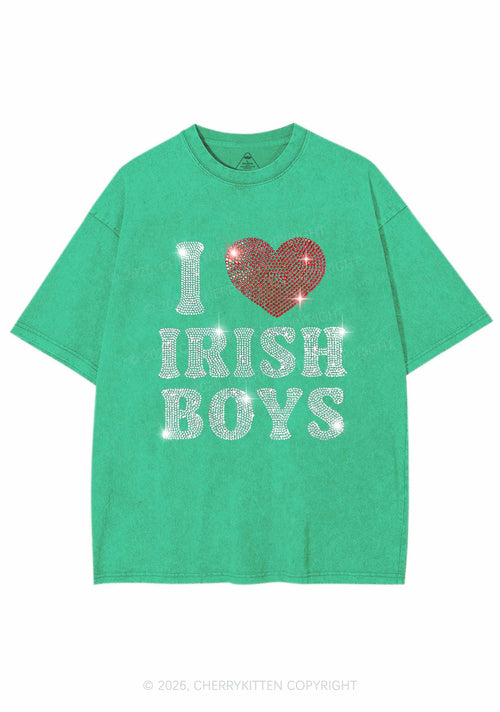 Rhinestone I Love Irish Boys St Patricks Y2K Shirts Washed Tee Cherrykitten