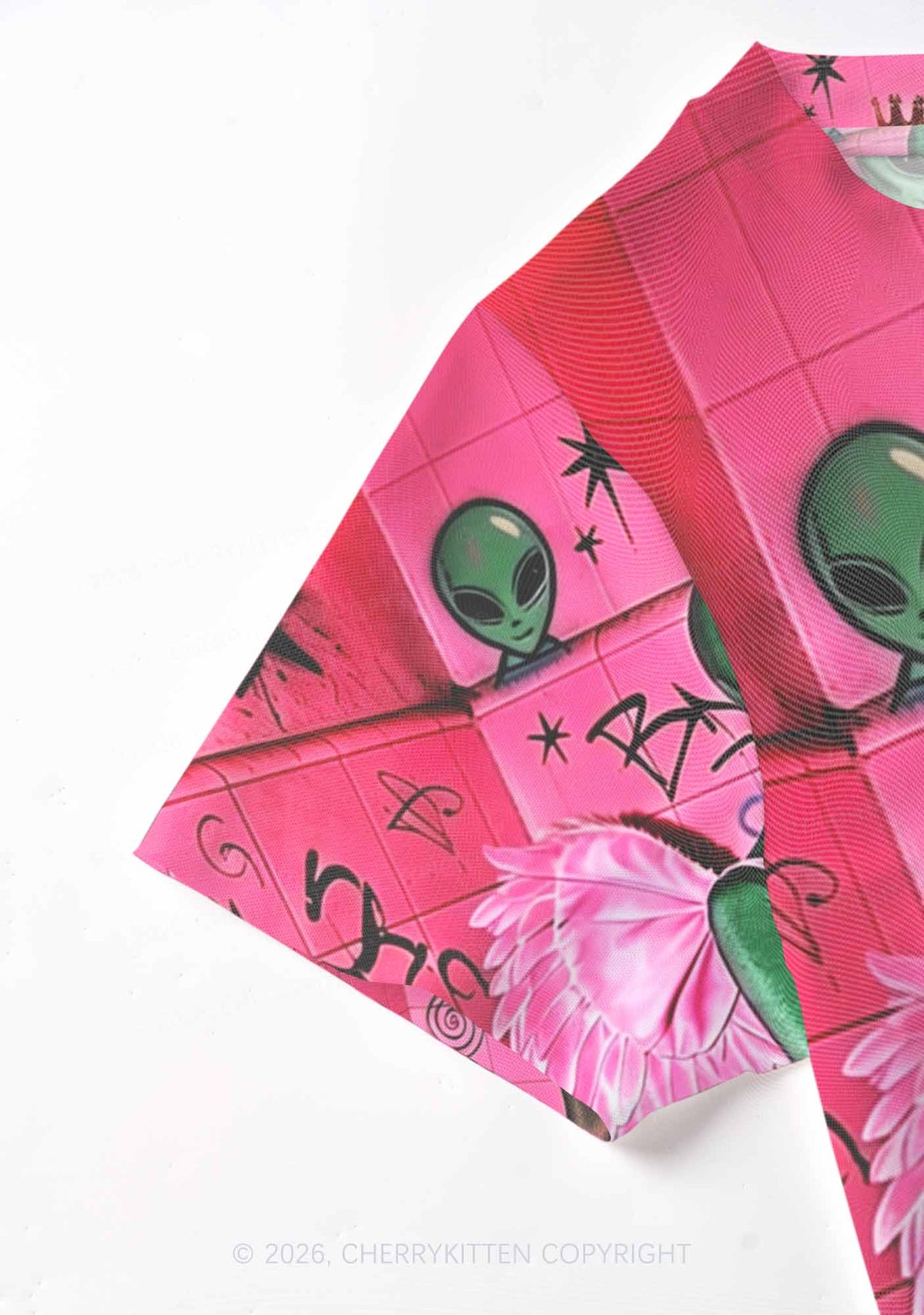 Alien Angel Graffiti Wall Y2K Mesh Crop Top Cherrykitten