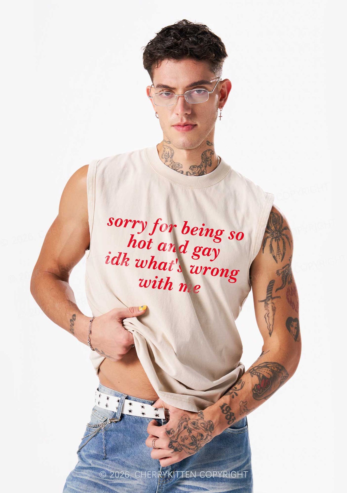 Sorry For Being Gay Pride Y2K Washed Muscle Tank Cherrykitten