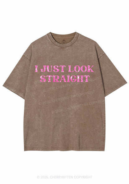 Glitter I Just Look Straight Y2K Shirts Washed Tee Cherrykitten
