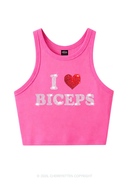 Rhinestone I Love Biceps Y2K Crop Tank Top Cherrykitten