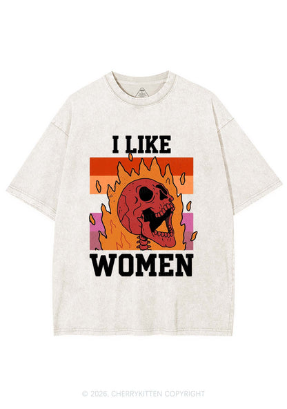 I Like Women Skull Pride Y2K Shirts Washed Tee Cherrykitten