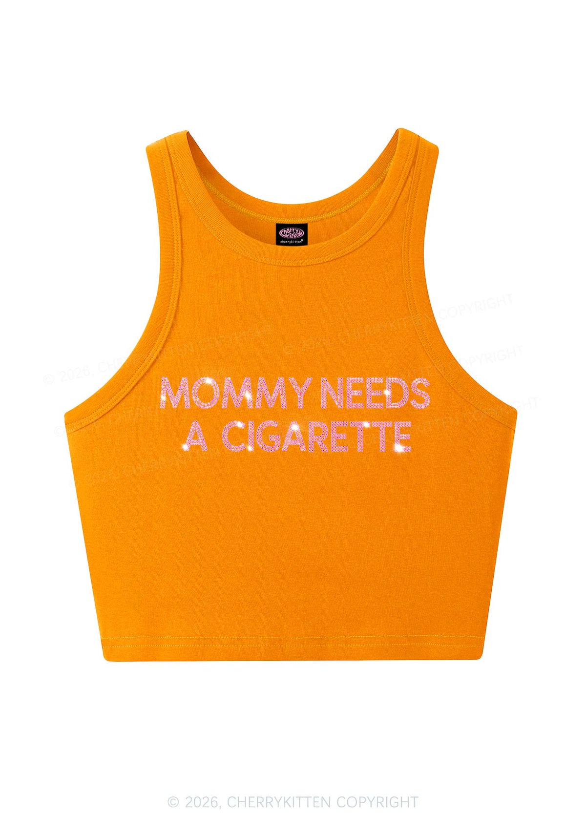 Rhinestone Mommy Needs Cigarette Y2K Crop Tank Top Cherrykitten