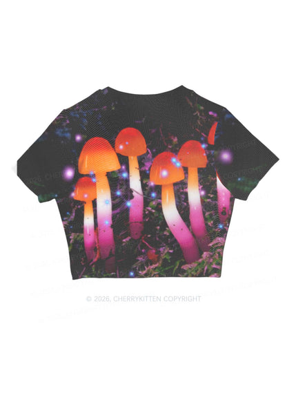 Lesbian Glowing Mushroom Pride Y2K Mesh Crop Top Cherrykitten