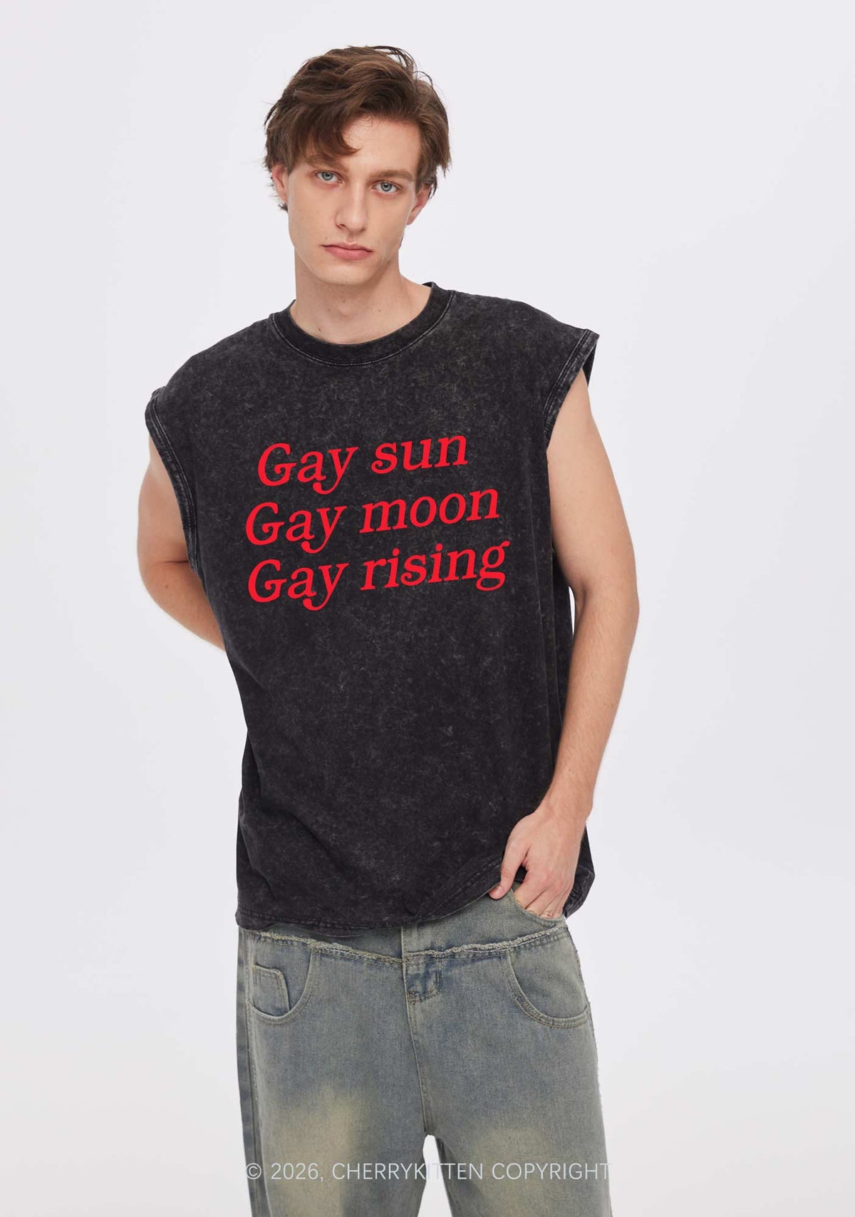 Gay Sun Moon Rising Pride Y2K Washed Muscle Tank Cherrykitten