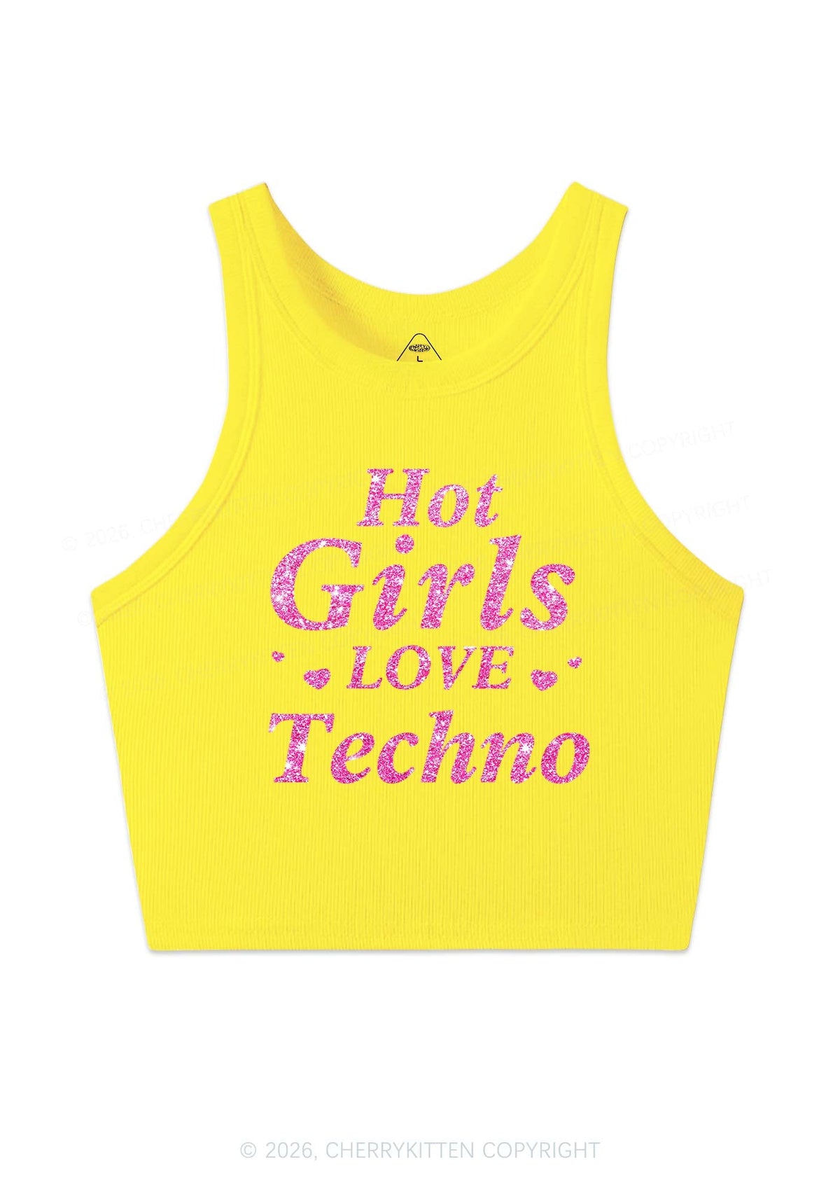 Glitter Hot Girls Love Techno Y2K Crop Tank Top Cherrykitten