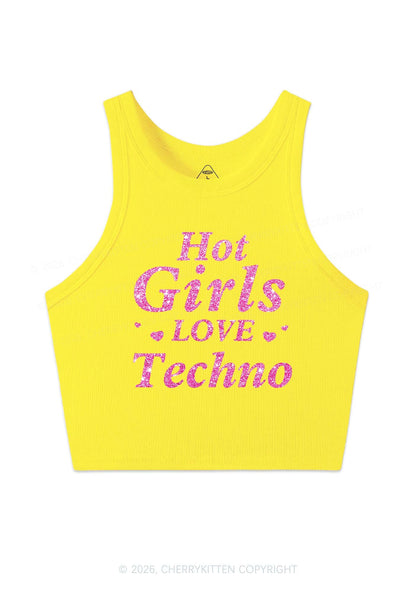 Glitter Hot Girls Love Techno Y2K Crop Tank Top Cherrykitten