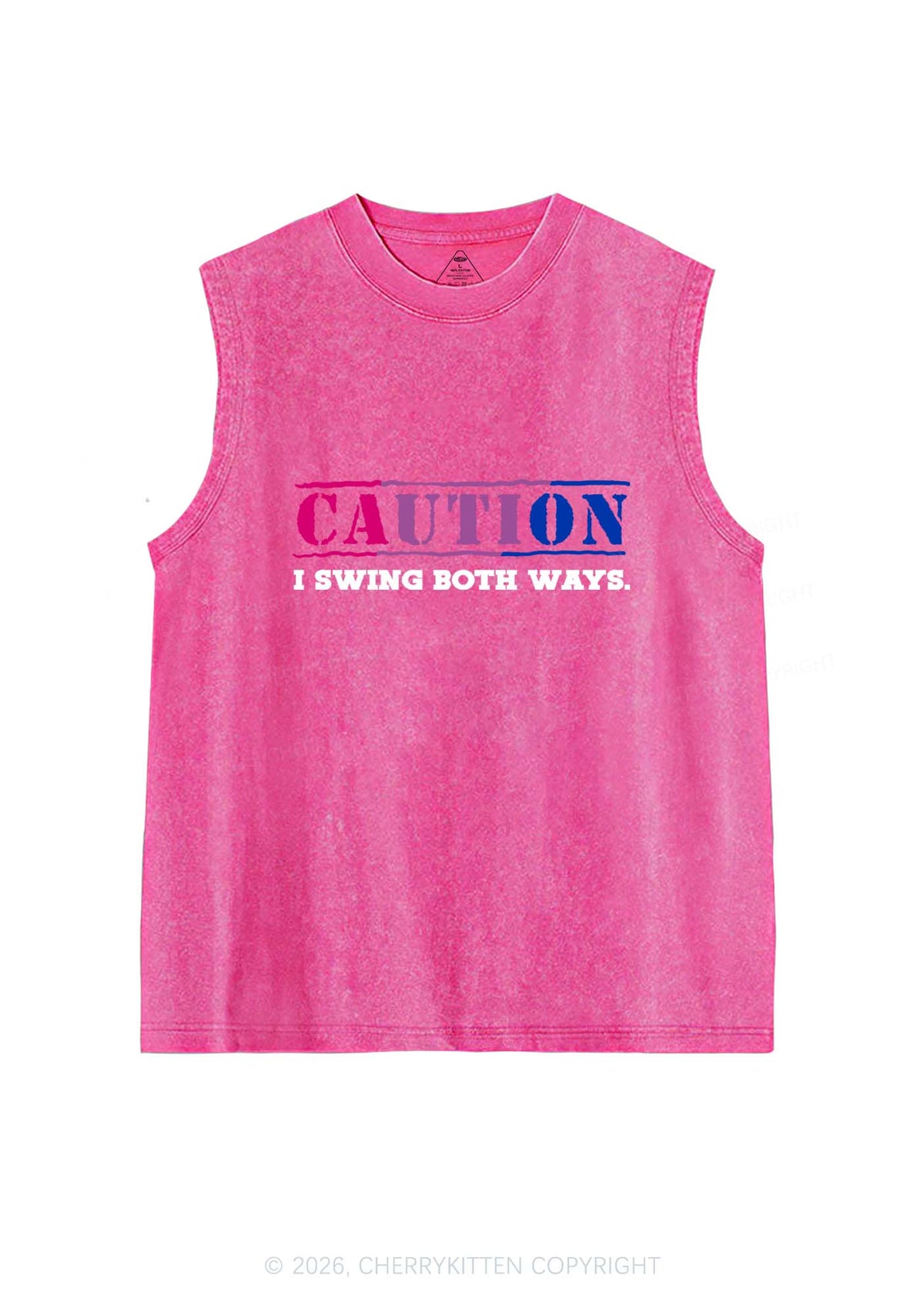 Caution I Swing Both Ways Pride Y2K Washed Muscle Tank Cherrykitten