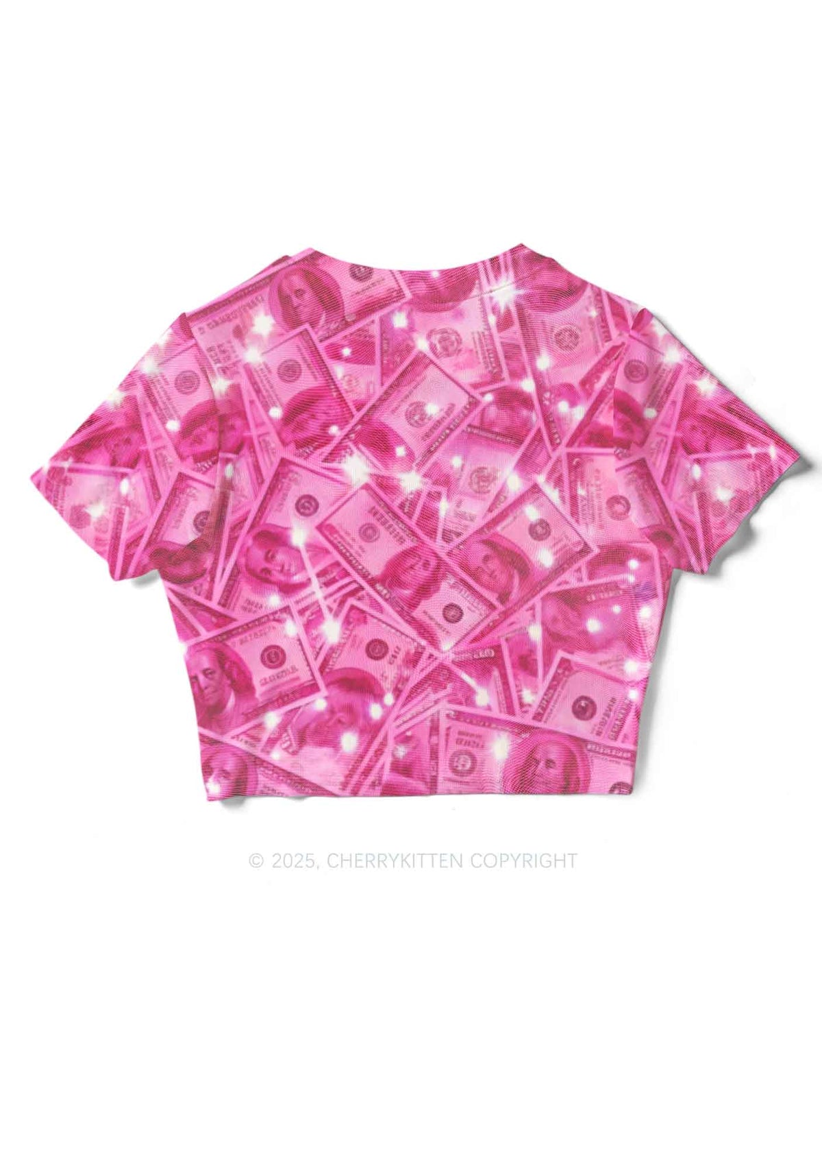Pink Shiny Money Y2K Mesh Crop Top Cherrykitten
