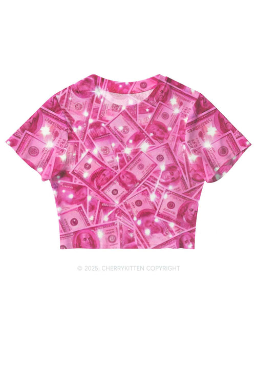 Pink Shiny Money Y2K Mesh Crop Top Cherrykitten