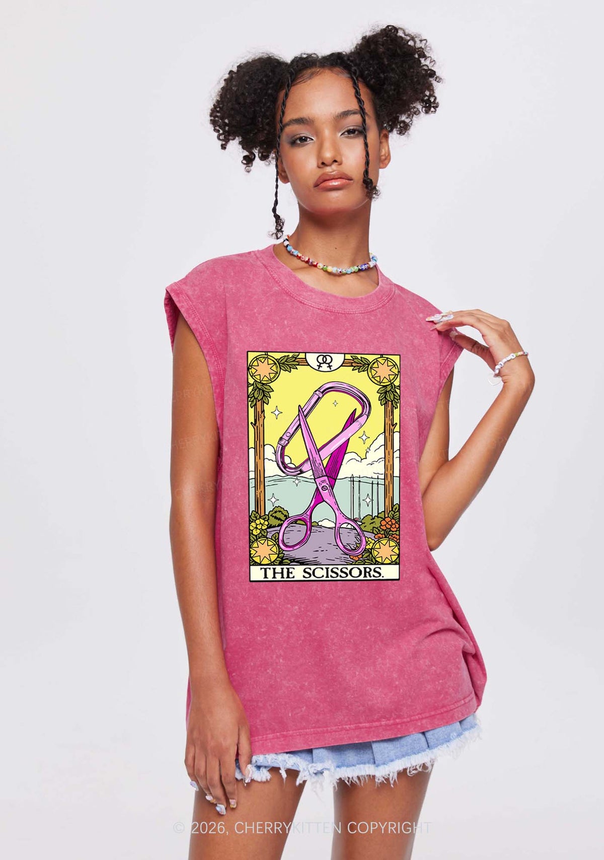 Pink Scissors Tarot Pride Y2K Washed Muscle Tank Cherrykitten