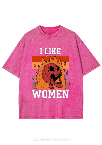 I Like Women Skull Pride Y2K Shirts Washed Tee Cherrykitten
