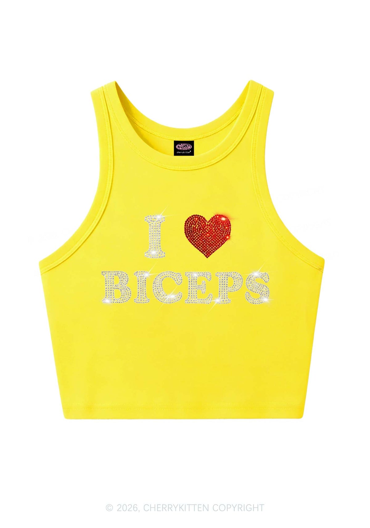 Rhinestone I Love Biceps Y2K Crop Tank Top Cherrykitten