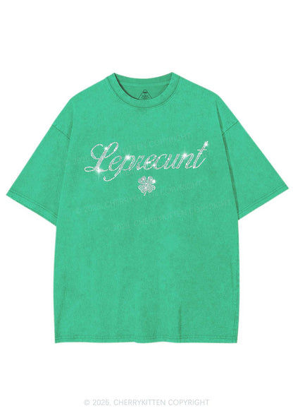 Rhinestone Leprecunt St Patricks Y2K Shirts Washed Tee Cherrykitten