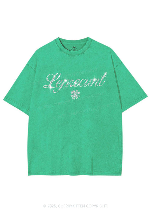 Rhinestone Leprecunt St Patricks Y2K Shirts Washed Tee Cherrykitten