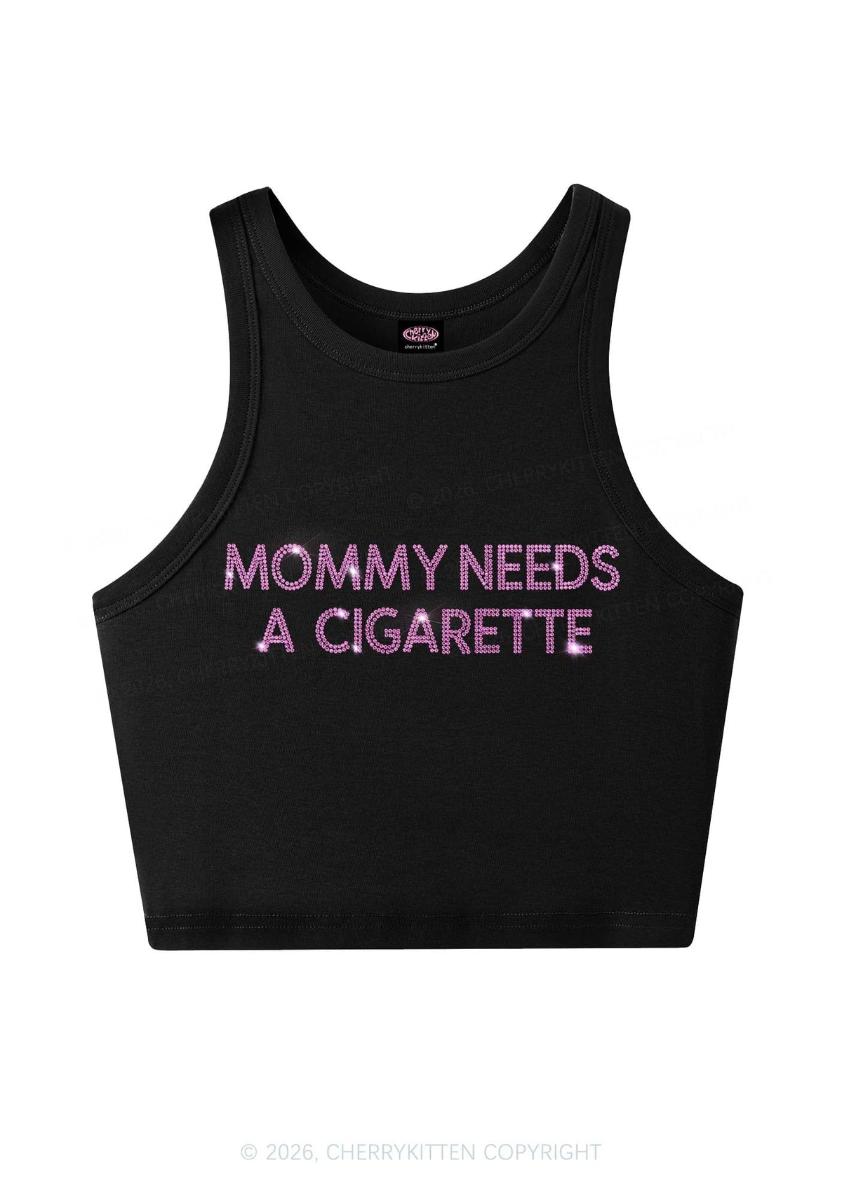 Rhinestone Mommy Needs Cigarette Y2K Crop Tank Top Cherrykitten