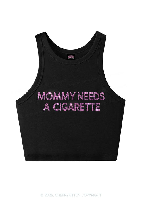 Rhinestone Mommy Needs Cigarette Y2K Crop Tank Top Cherrykitten