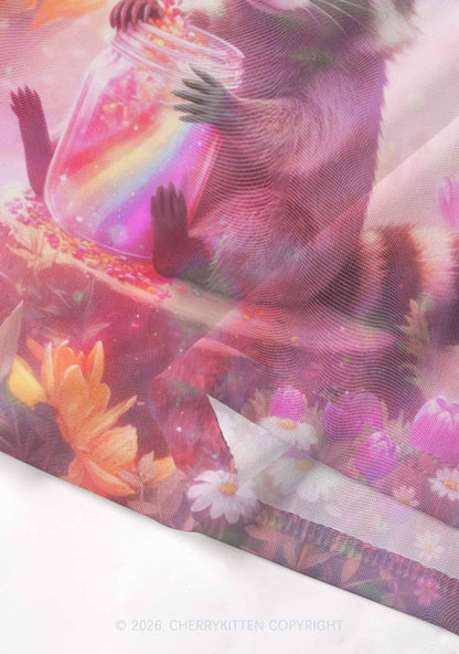 Rainbow Raccoon Pride Y2K Mesh Crop Top Cherrykitten