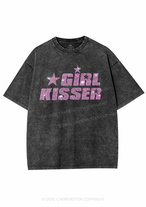 Rhinestone Girl Kisser Pride Y2K Shirts Washed Tee Cherrykitten