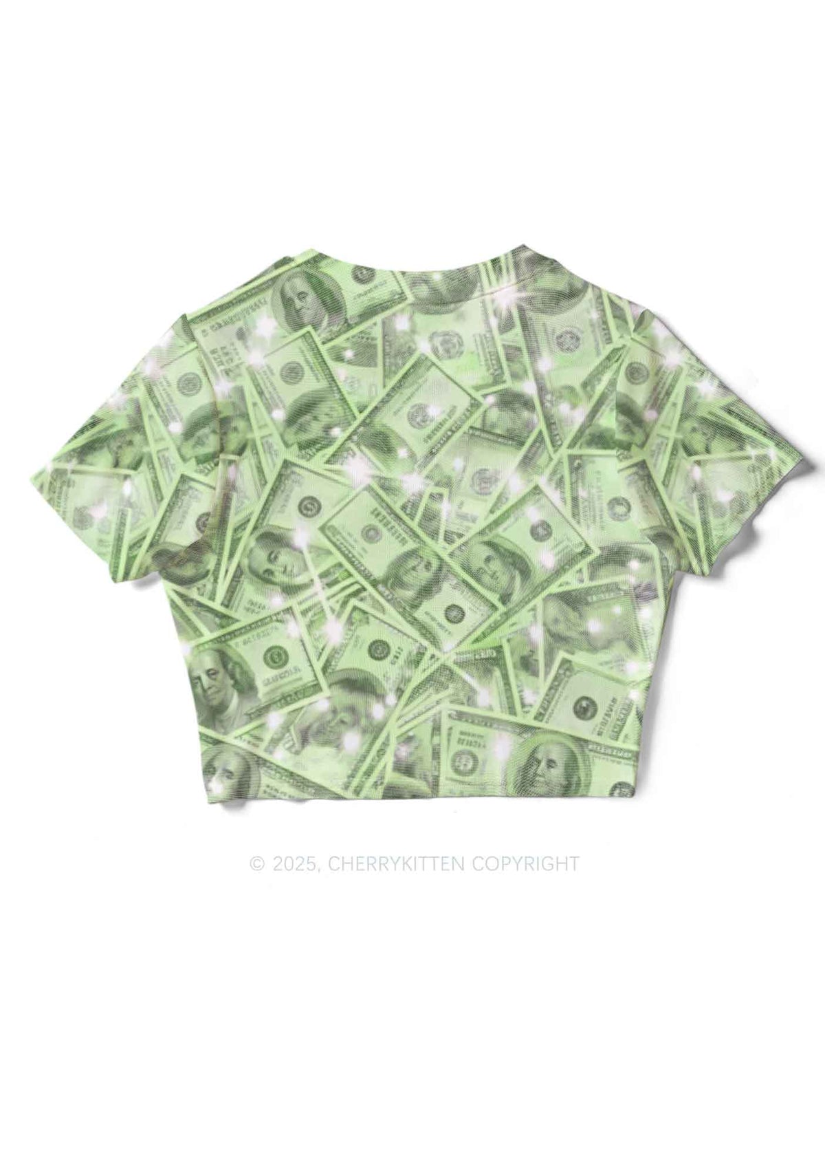 Green Shiny Money Y2K Mesh Crop Top Cherrykitten