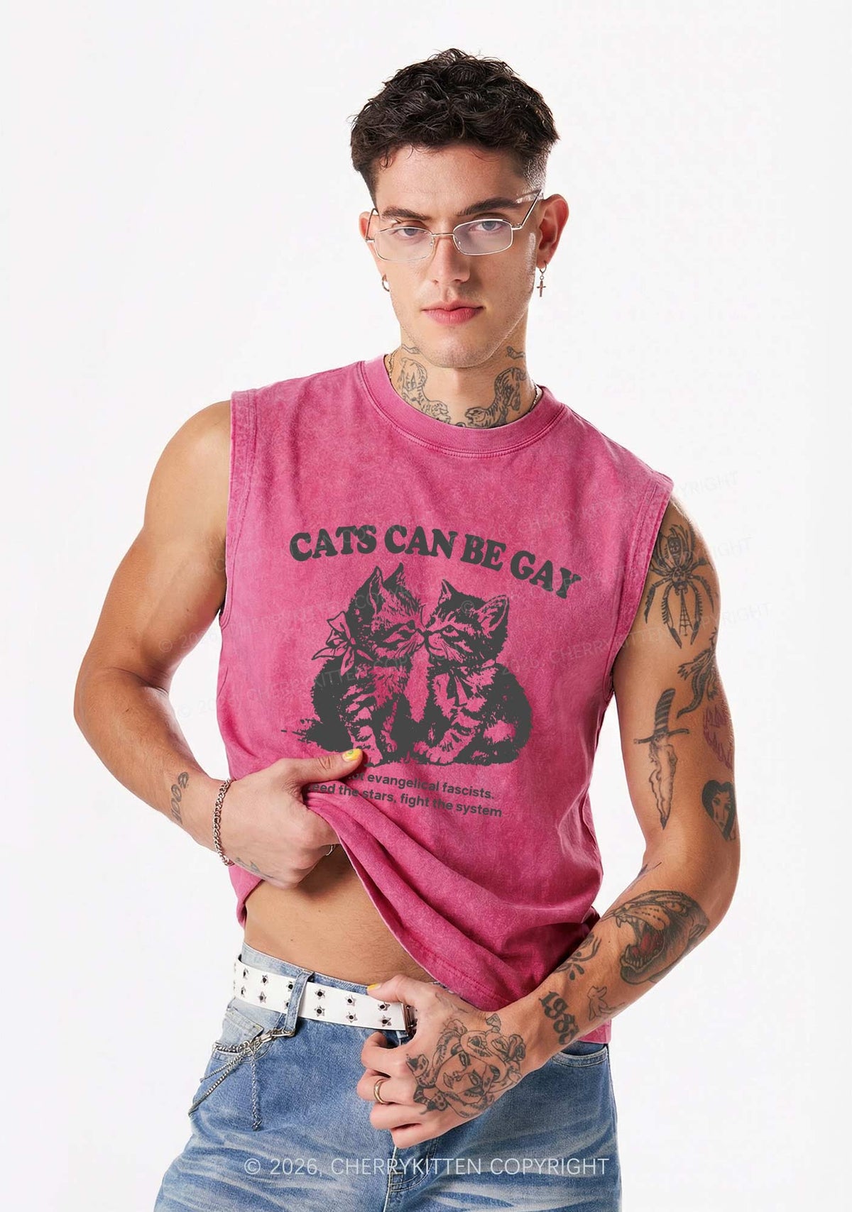 Cat Can Be Gay Pride Y2K Washed Muscle Tank Cherrykitten
