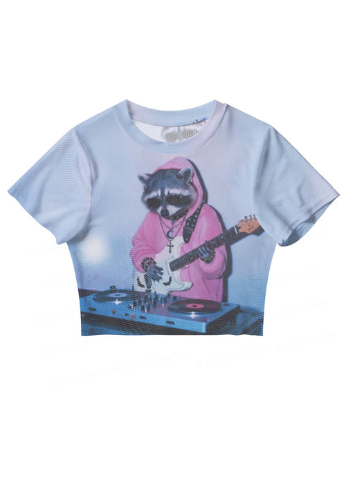 Pink Hoodie Raccoon DJ Y2K Mesh Crop Top Cherrykitten