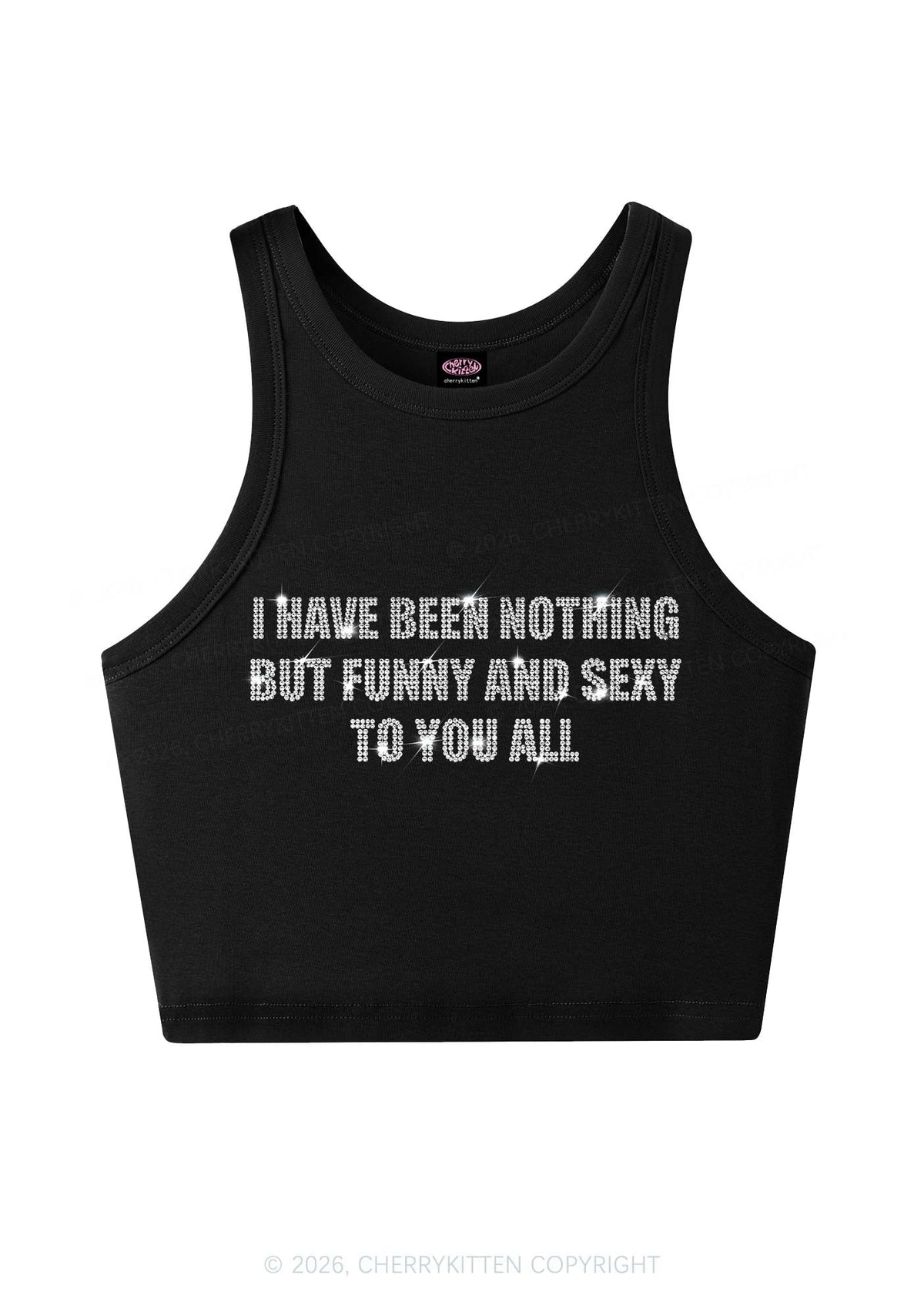 Rhinestone I Have Been Funny Y2K Crop Tank Top Cherrykitten
