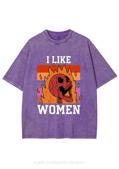 I Like Women Skull Pride Y2K Shirts Washed Tee Cherrykitten