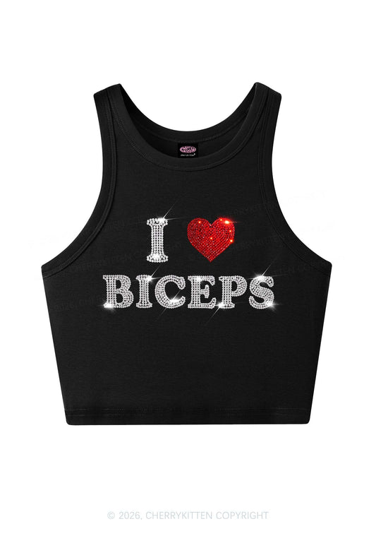 Rhinestone I Love Biceps Y2K Crop Tank Top Cherrykitten