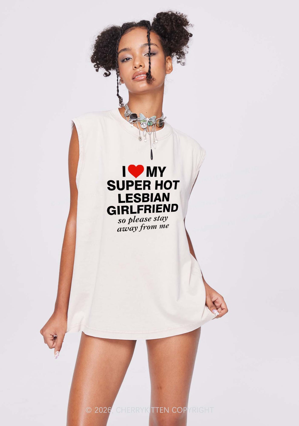 I Love My Super Hot Lesbian GF Pride Y2K Washed Muscle Tank Cherrykitten