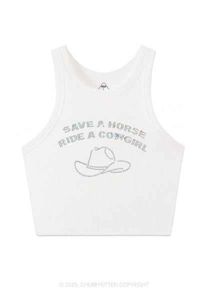 Rhinestone Save Horse Ride Cowgirl Y2K Crop Tank Top Cherrykitten