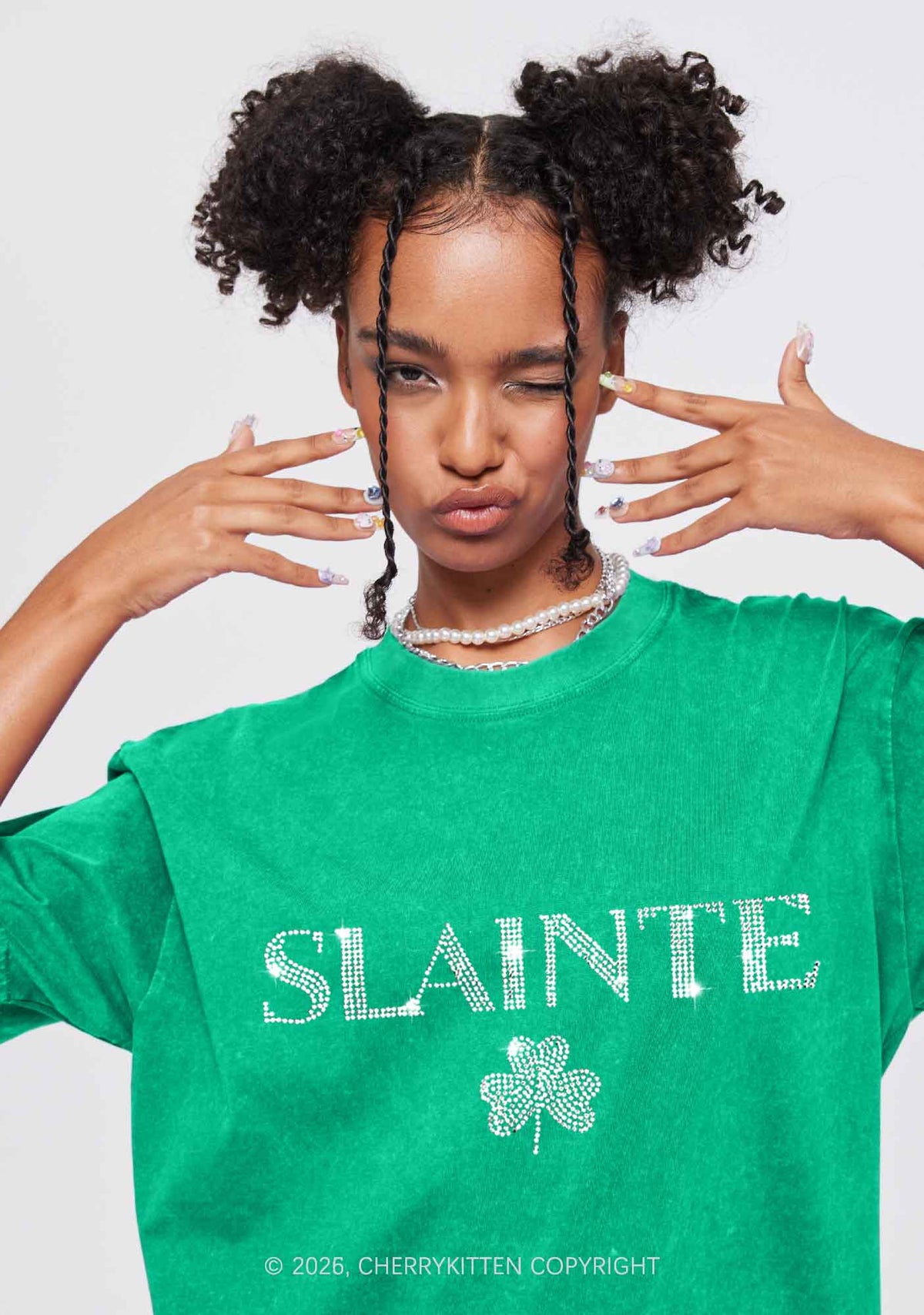 Rhinestone Slainte St Patricks Y2K Shirts Washed Tee Cherrykitten