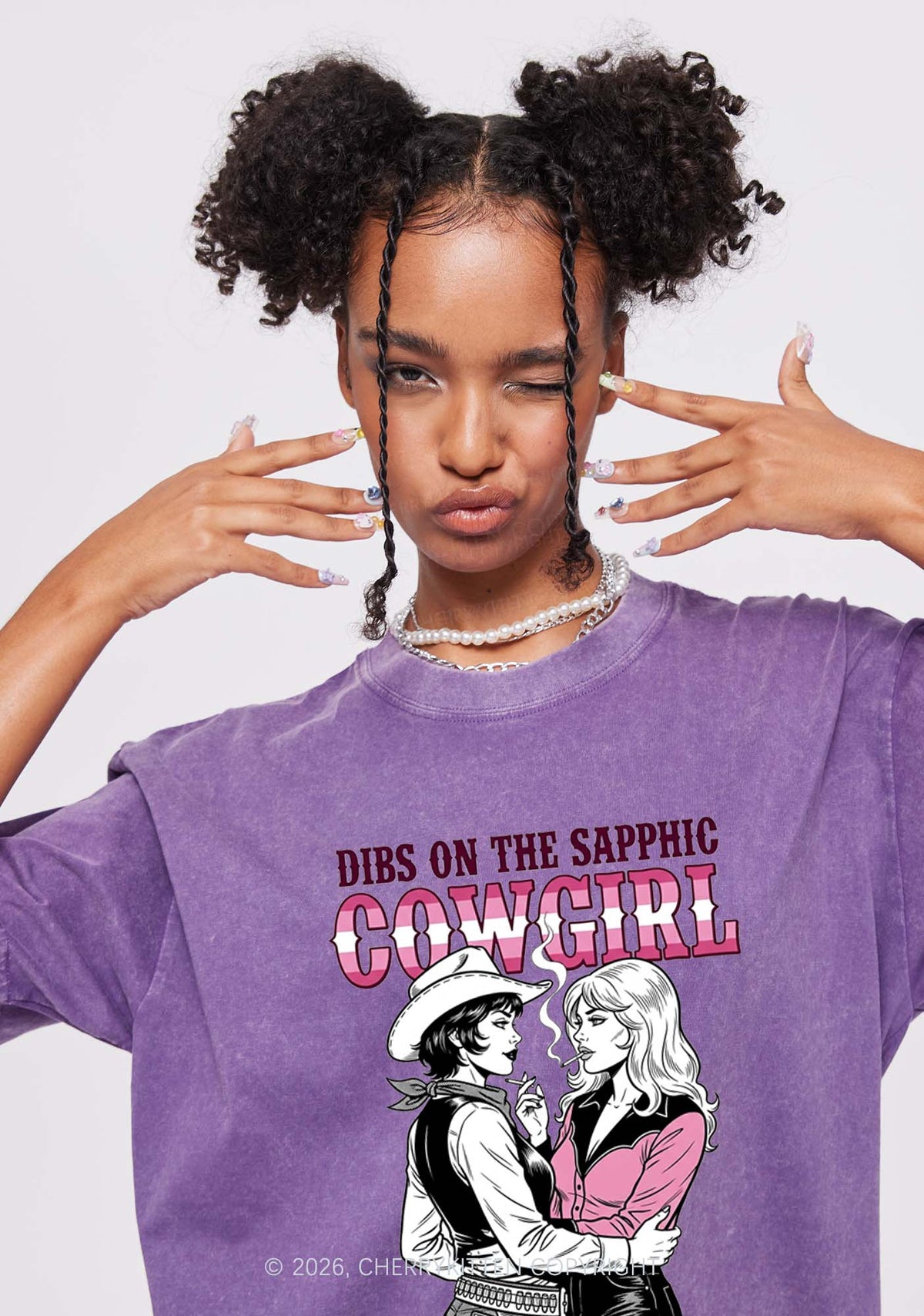 Dibs On The Sapphic Cowgirl Pride Y2K Shirts Washed Tee Cherrykitten