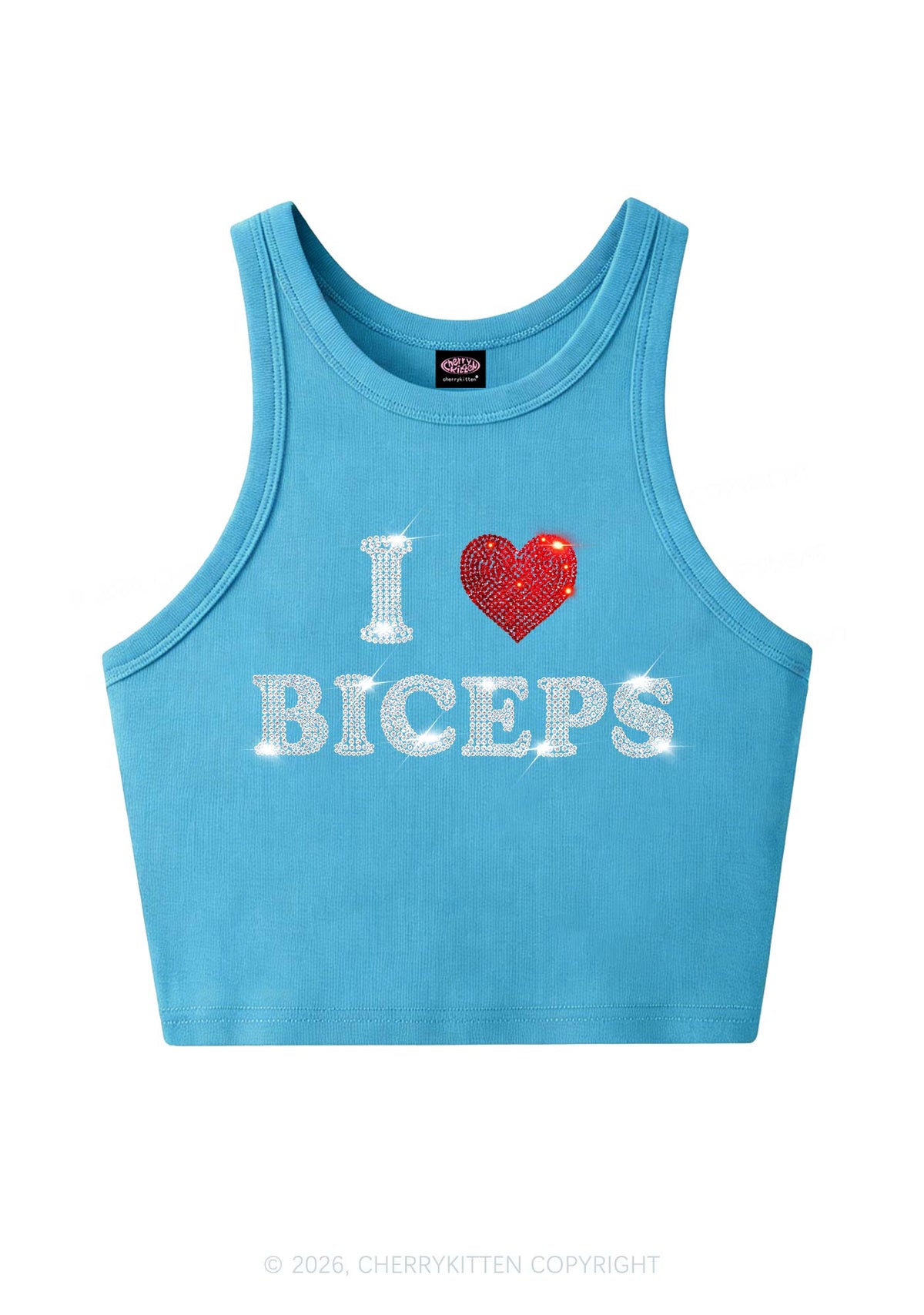 Rhinestone I Love Biceps Y2K Crop Tank Top Cherrykitten