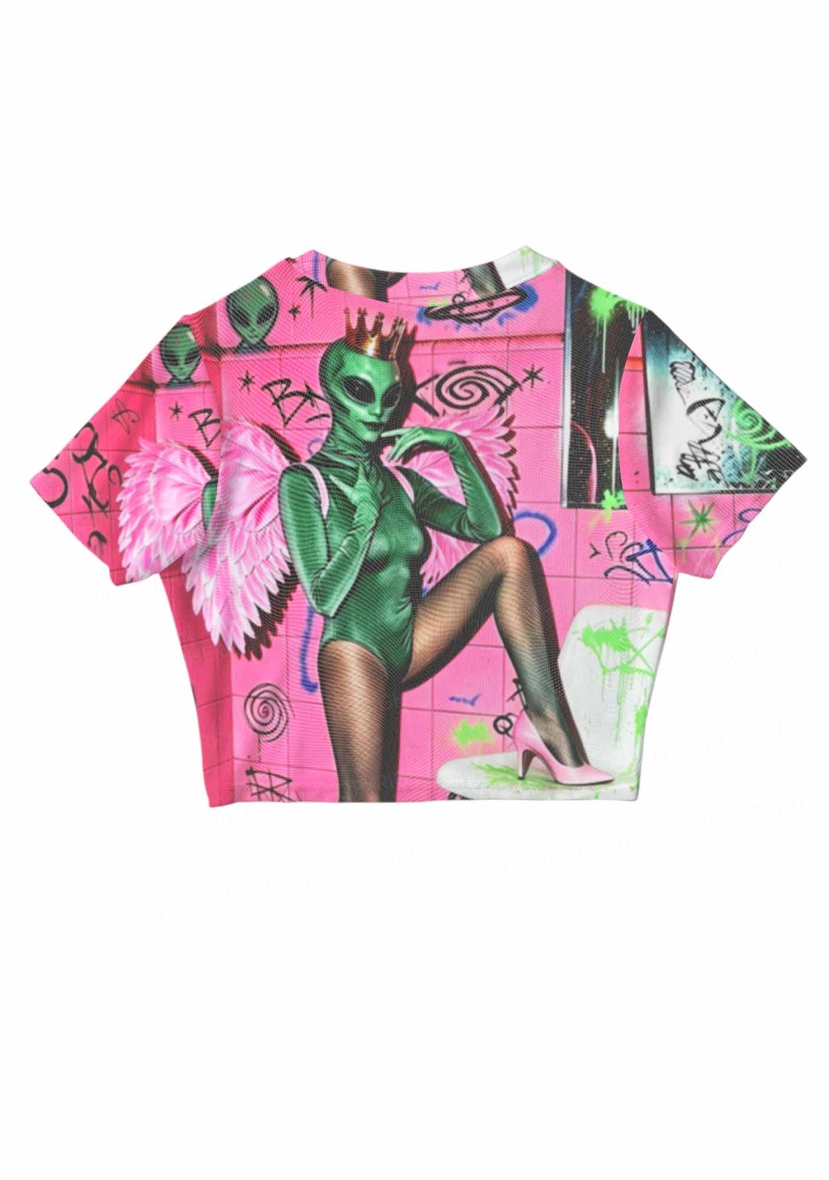 Alien Angel Graffiti Wall Y2K Mesh Crop Top Cherrykitten