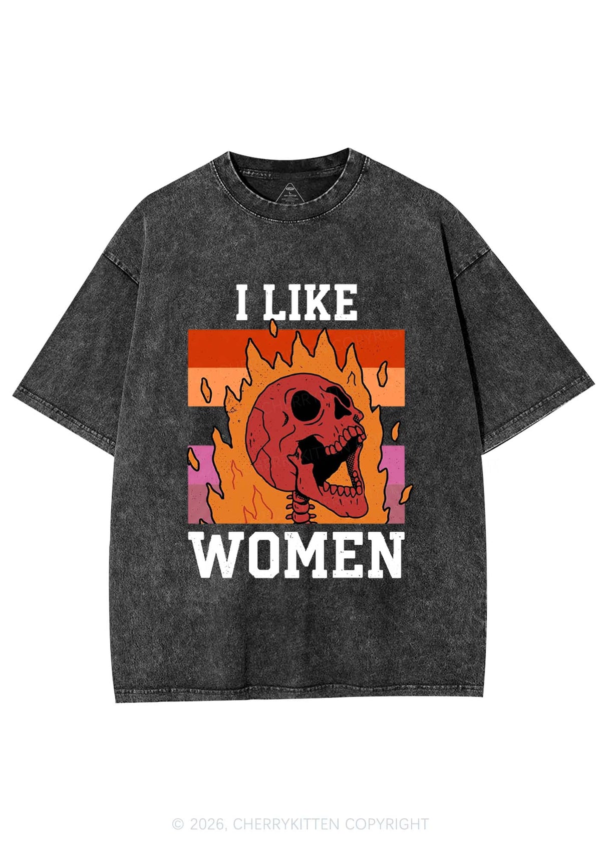 I Like Women Skull Pride Y2K Shirts Washed Tee Cherrykitten