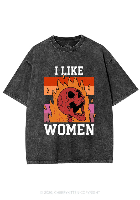 I Like Women Skull Pride Y2K Shirts Washed Tee Cherrykitten