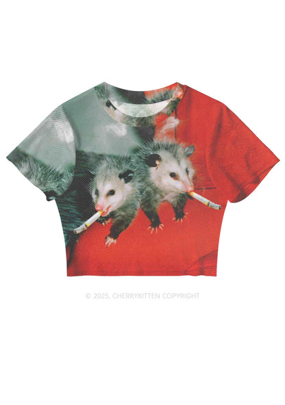 Smoking Badass Possum Y2K Mesh Crop Top Cherrykitten