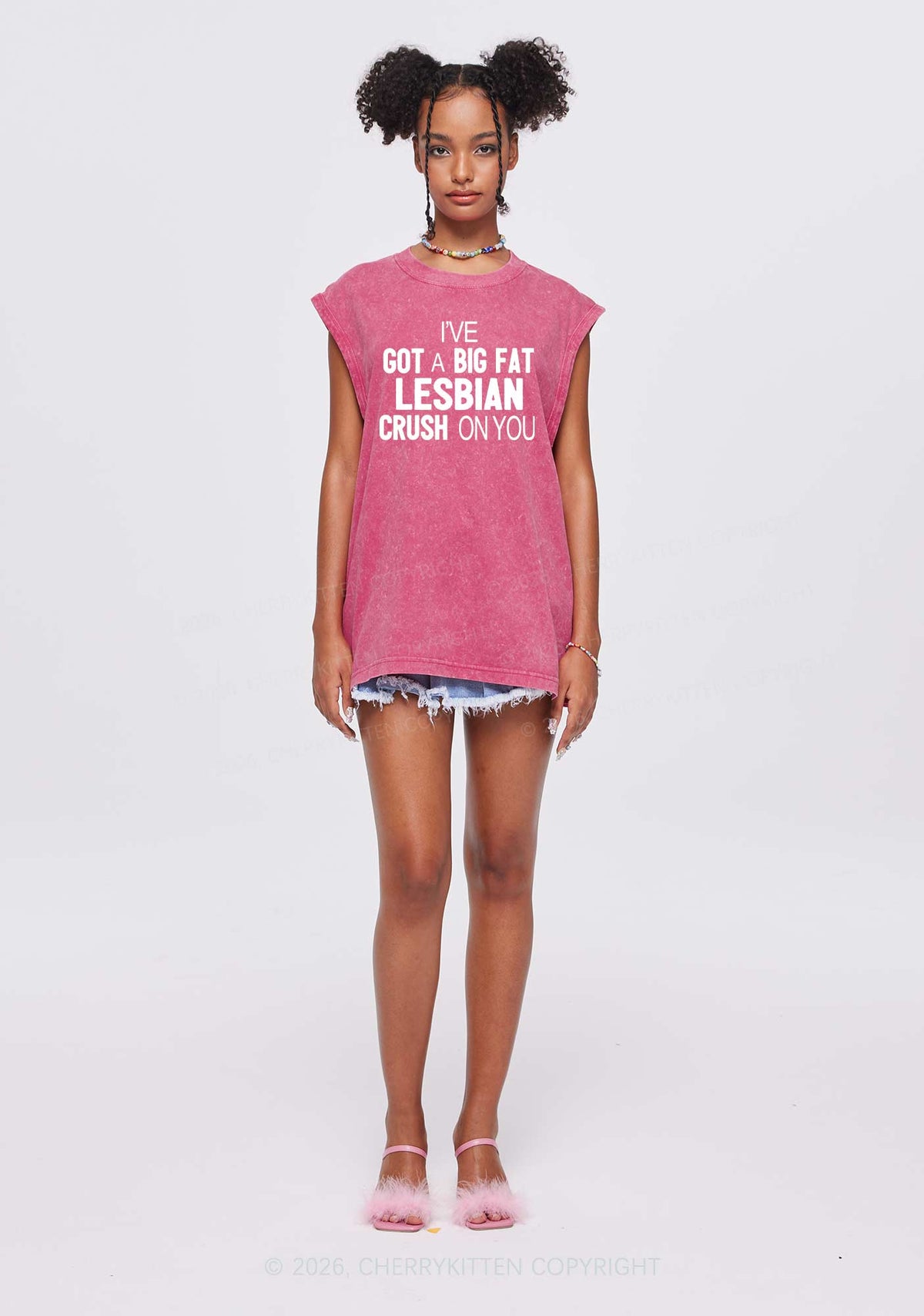 Big Fat Lesbian Crush Pride Y2K Washed Muscle Tank Cherrykitten