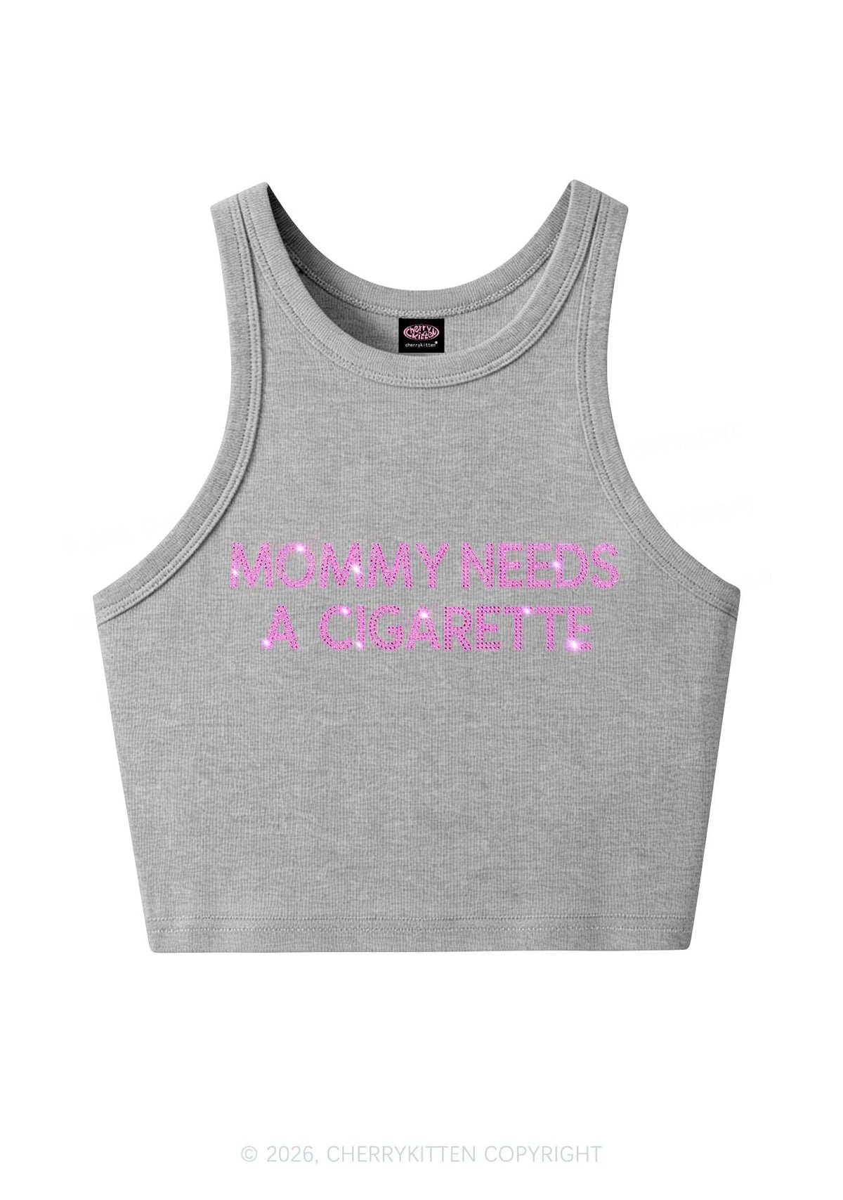 Rhinestone Mommy Needs Cigarette Y2K Crop Tank Top Cherrykitten