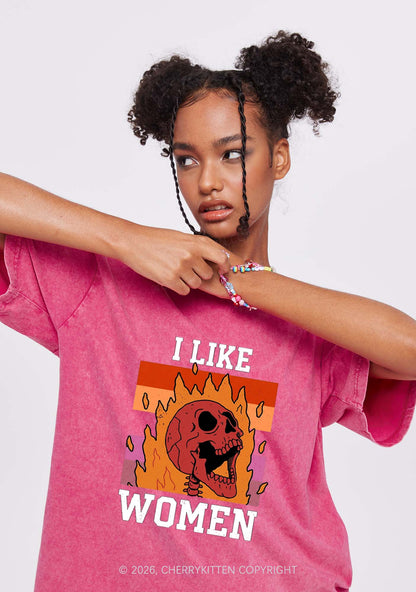 I Like Women Skull Pride Y2K Shirts Washed Tee Cherrykitten
