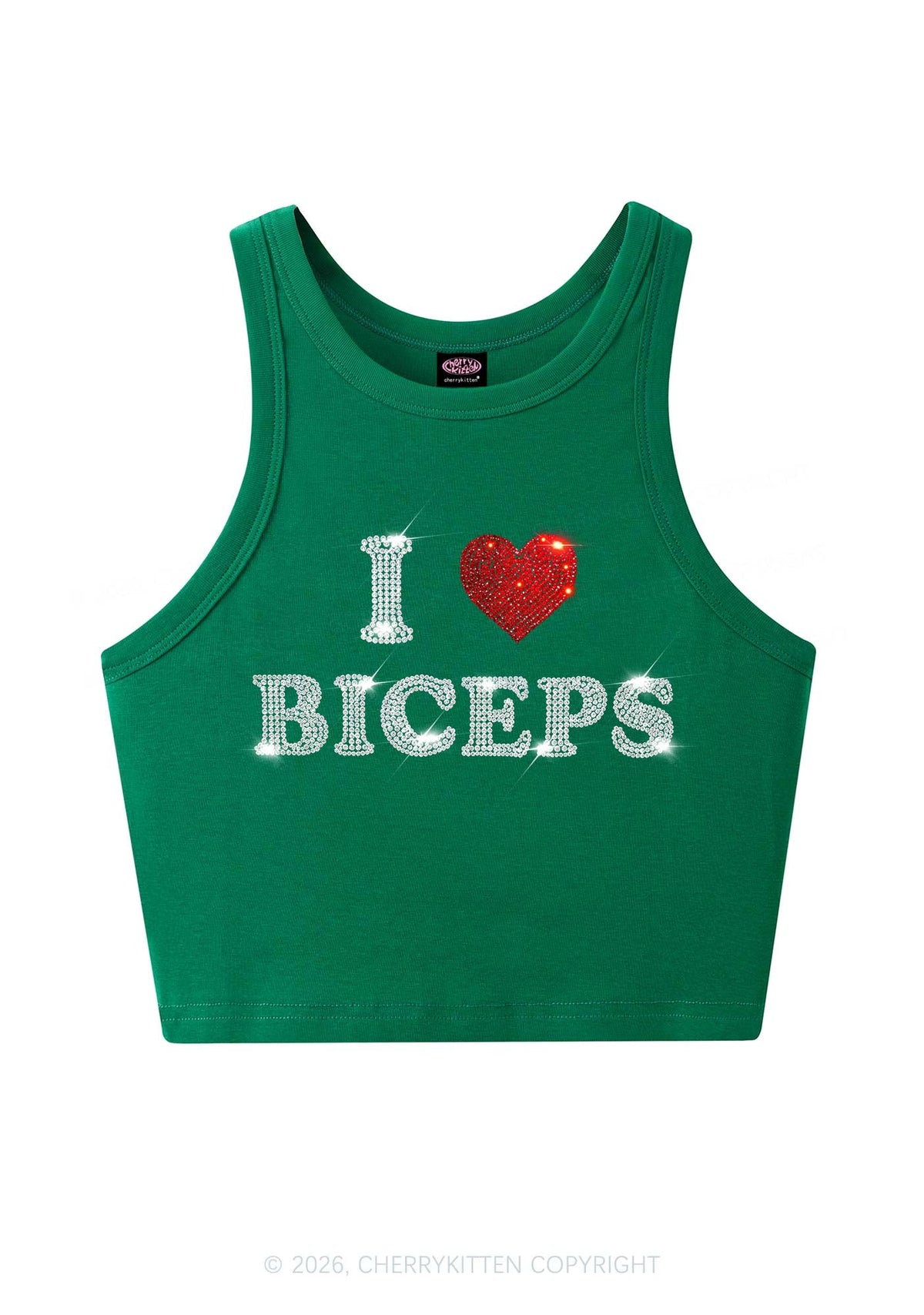 Rhinestone I Love Biceps Y2K Crop Tank Top Cherrykitten