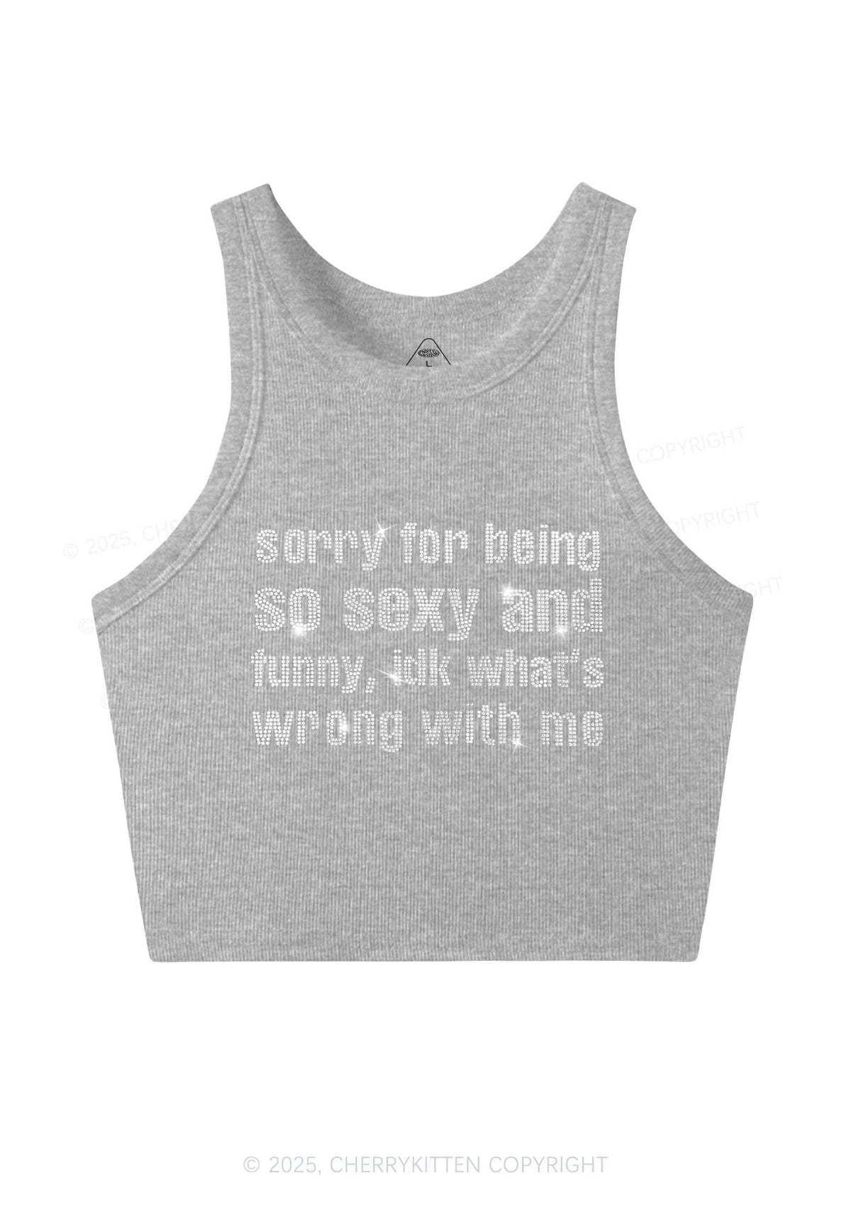 Rhinestone Sorry For Being So Funny Y2K Crop Tank Top Cherrykitten