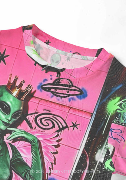 Alien Angel Graffiti Wall Y2K Mesh Crop Top Cherrykitten