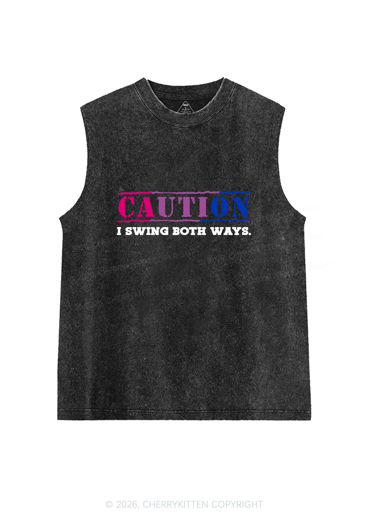 Caution I Swing Both Ways Pride Y2K Washed Muscle Tank Cherrykitten